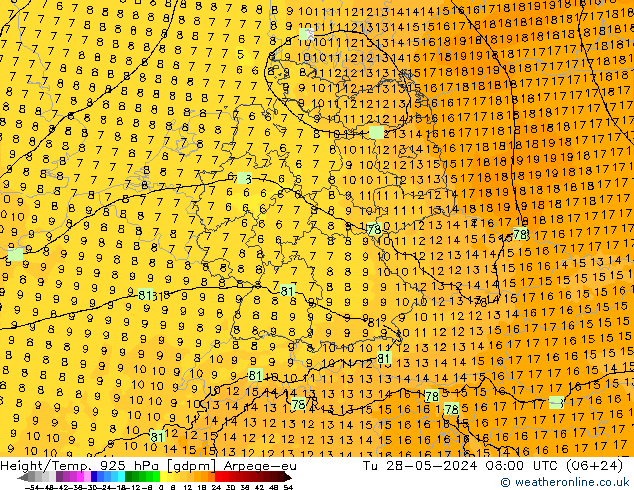 Geop./Temp. 925 hPa Arpege-eu mar 28.05.2024 06 UTC