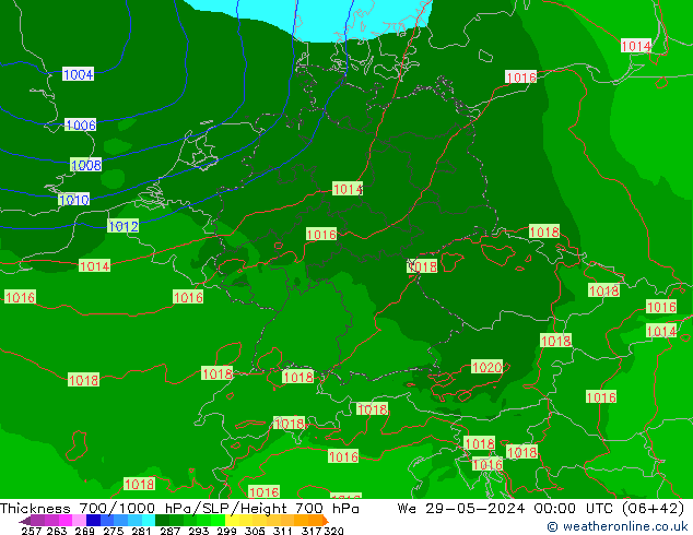 Espesor 700-1000 hPa Arpege-eu mié 29.05.2024 00 UTC