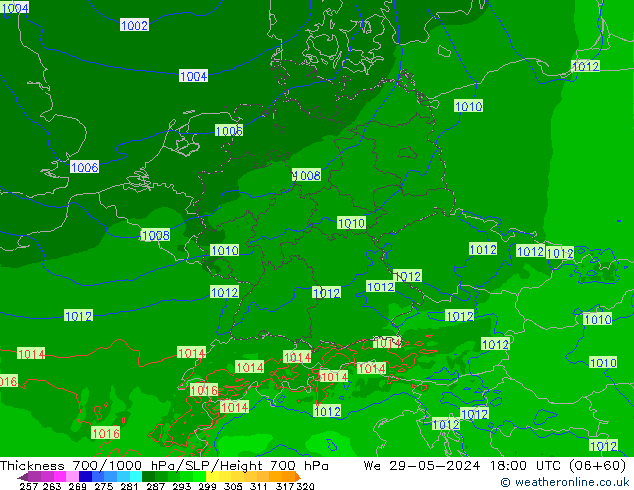 Thck 700-1000 hPa Arpege-eu We 29.05.2024 18 UTC