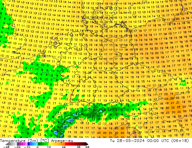 Temperature (2m) Arpege-eu Út 28.05.2024 00 UTC