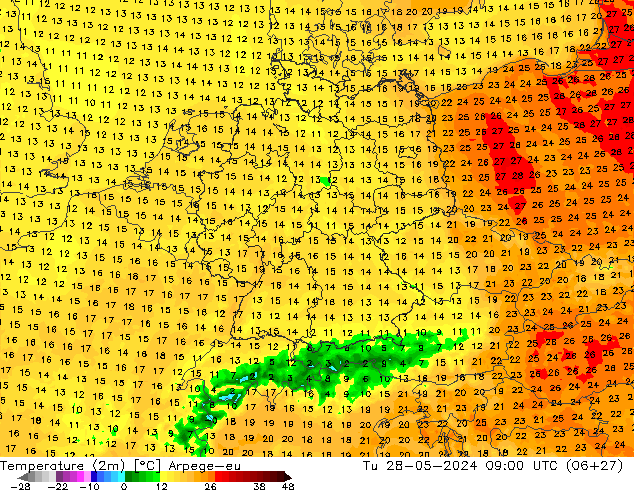 Temperatuurkaart (2m) Arpege-eu di 28.05.2024 09 UTC