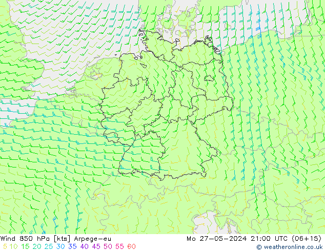 Wind 850 hPa Arpege-eu Mo 27.05.2024 21 UTC