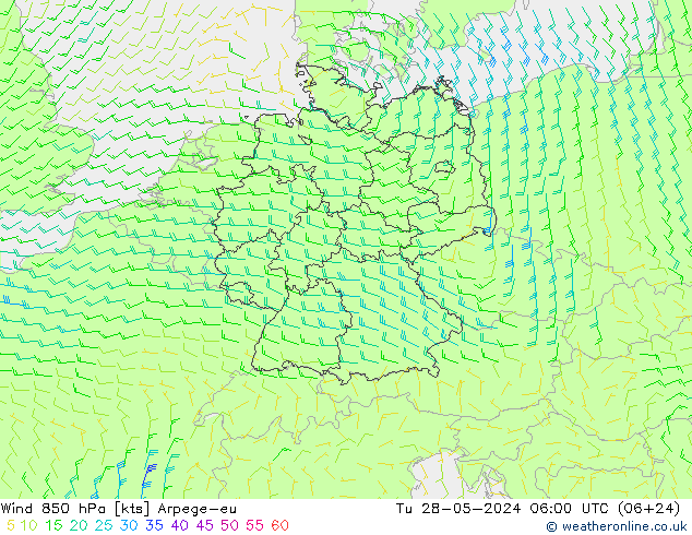 Wind 850 hPa Arpege-eu Tu 28.05.2024 06 UTC