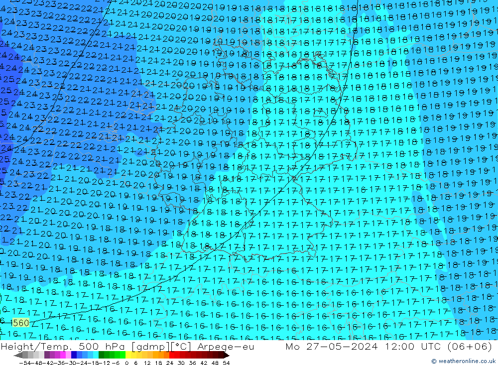 Height/Temp. 500 hPa Arpege-eu 星期一 27.05.2024 12 UTC