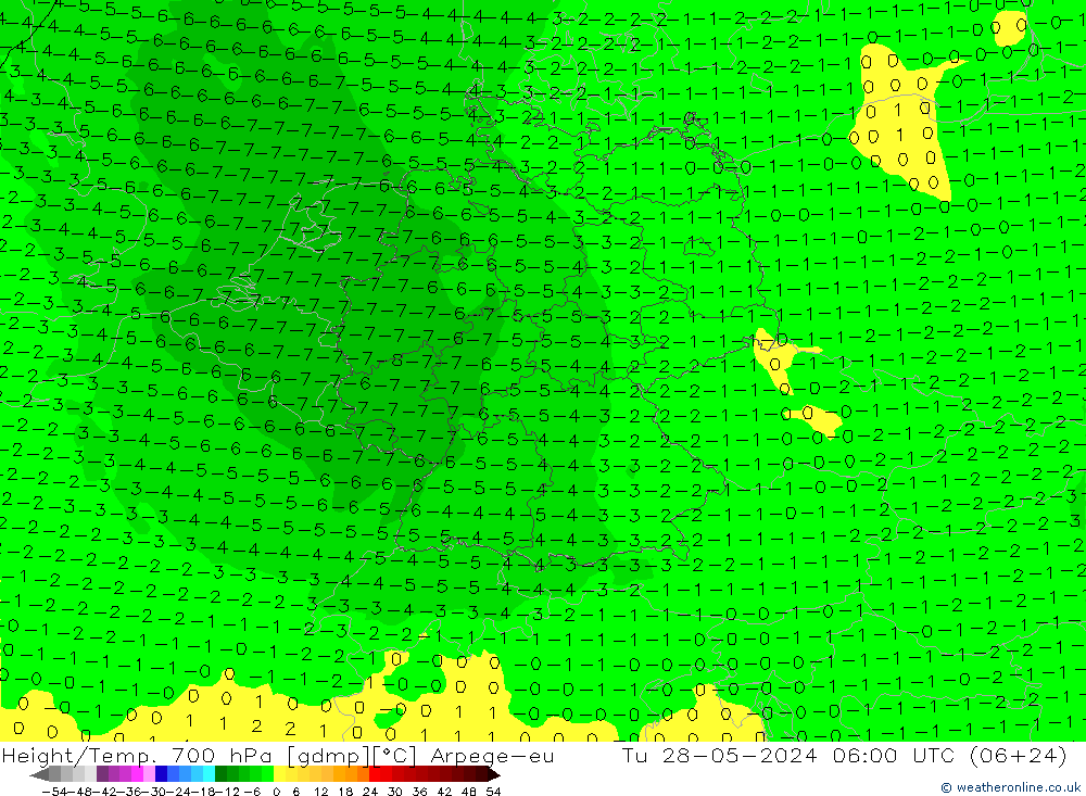 Height/Temp. 700 hPa Arpege-eu 星期二 28.05.2024 06 UTC