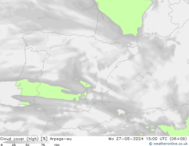 Cloud cover (high) Arpege-eu Mo 27.05.2024 15 UTC