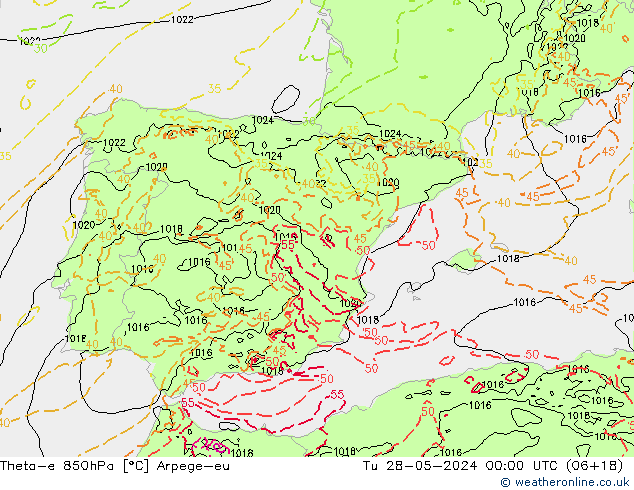 Theta-e 850hPa Arpege-eu Tu 28.05.2024 00 UTC