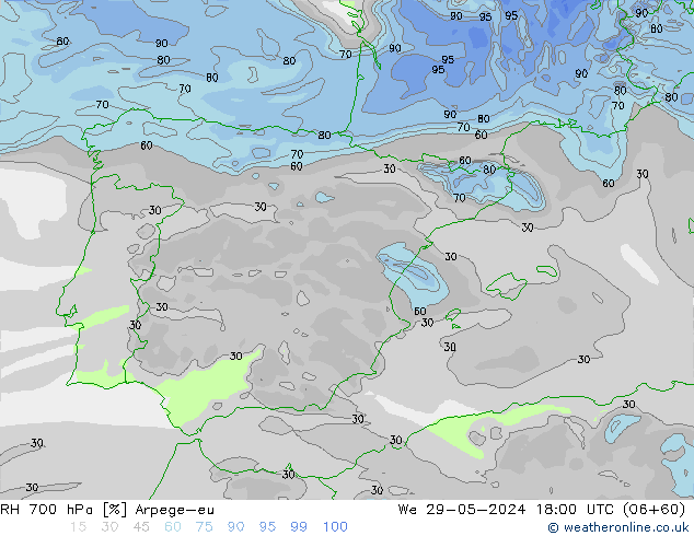 RH 700 hPa Arpege-eu  29.05.2024 18 UTC