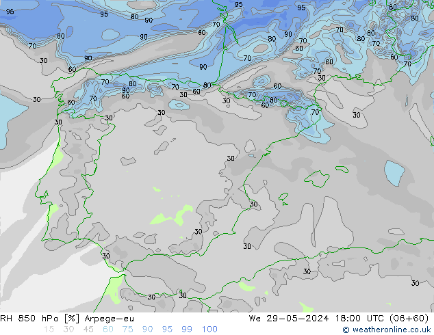 RH 850 hPa Arpege-eu śro. 29.05.2024 18 UTC