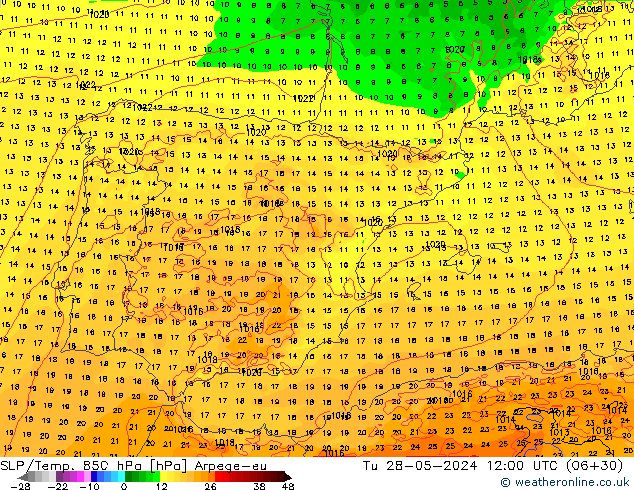 SLP/Temp. 850 hPa Arpege-eu Tu 28.05.2024 12 UTC