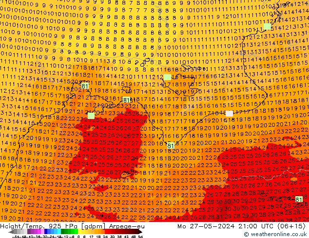 Hoogte/Temp. 925 hPa Arpege-eu ma 27.05.2024 21 UTC