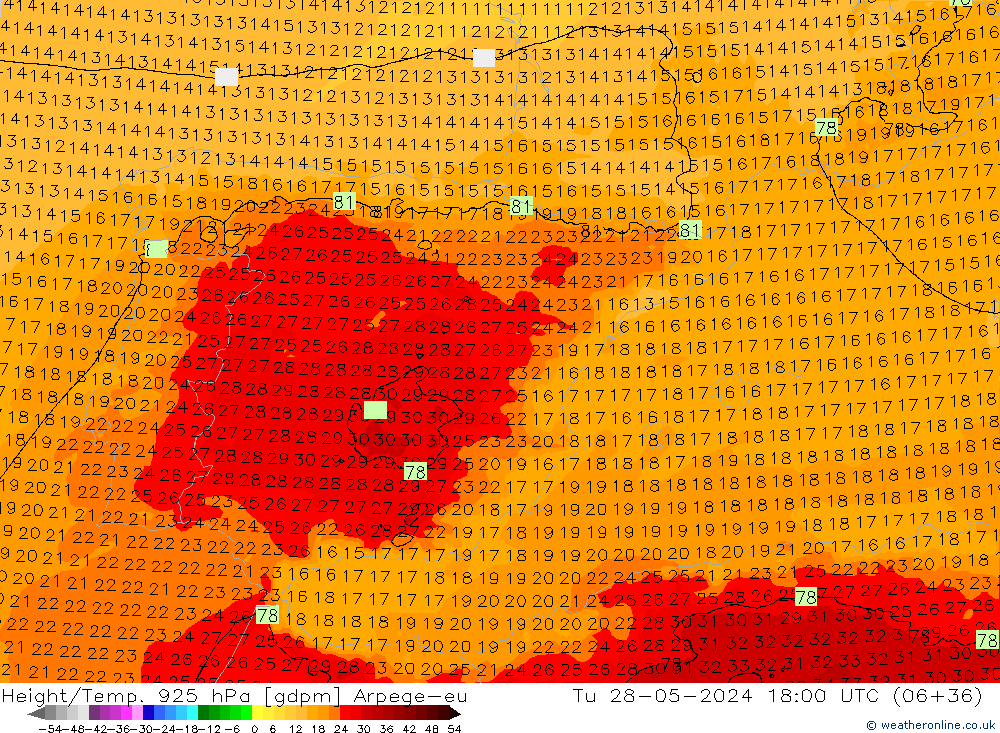 Height/Temp. 925 hPa Arpege-eu Di 28.05.2024 18 UTC