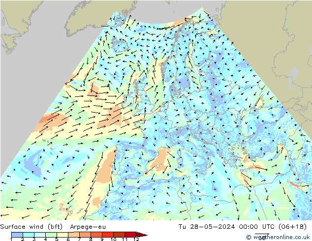Surface wind (bft) Arpege-eu Út 28.05.2024 00 UTC