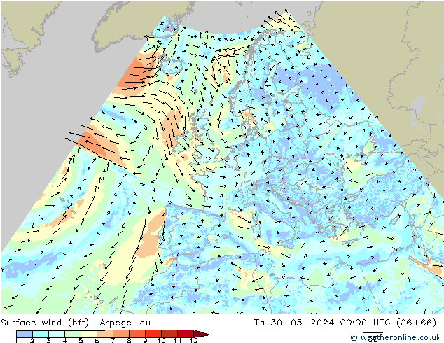 Vento 10 m (bft) Arpege-eu Qui 30.05.2024 00 UTC