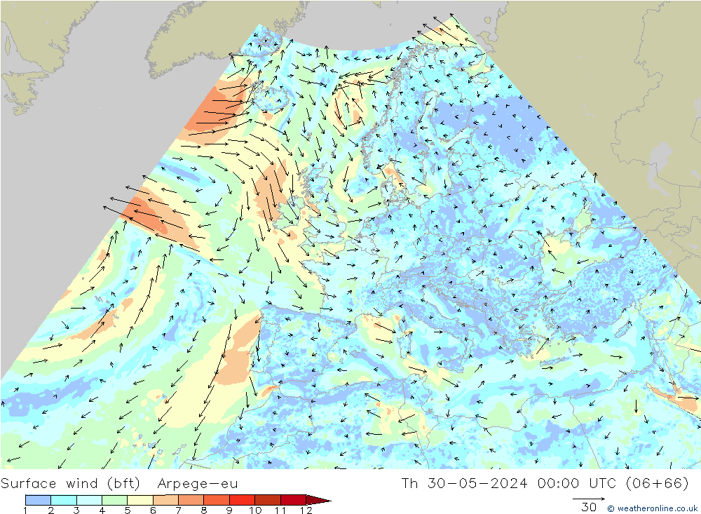 Bodenwind (bft) Arpege-eu Do 30.05.2024 00 UTC