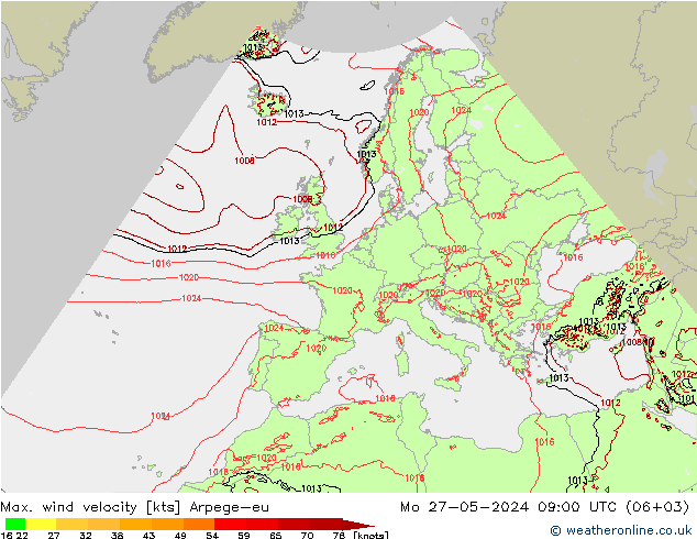 Max. wind velocity Arpege-eu пн 27.05.2024 09 UTC