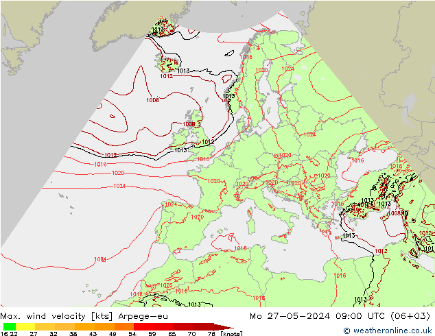 Max. wind velocity Arpege-eu Mo 27.05.2024 09 UTC