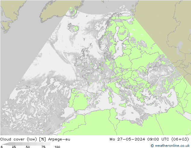 Cloud cover (low) Arpege-eu Mo 27.05.2024 09 UTC