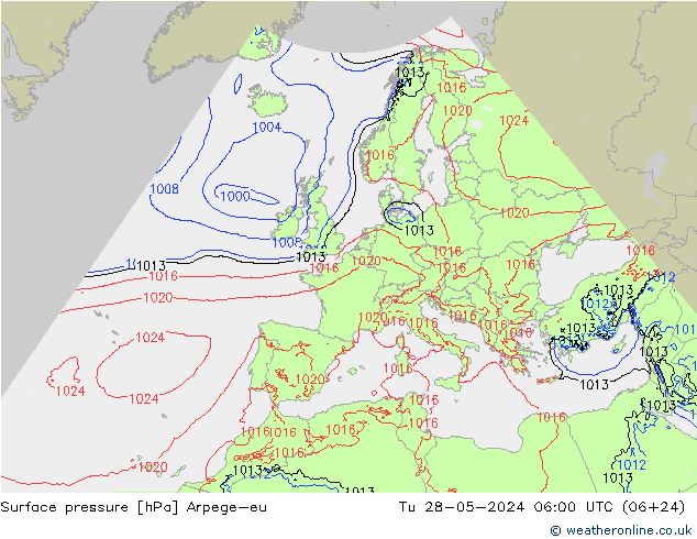Atmosférický tlak Arpege-eu Út 28.05.2024 06 UTC
