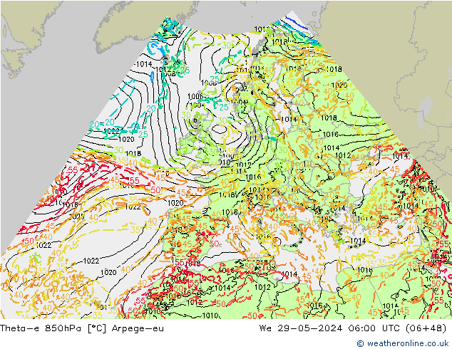 Theta-e 850hPa Arpege-eu Mi 29.05.2024 06 UTC