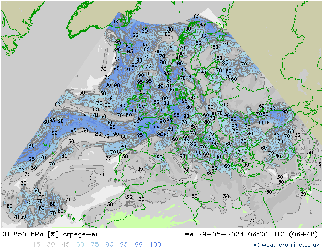 RH 850 hPa Arpege-eu Mi 29.05.2024 06 UTC