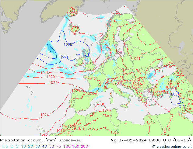 Precipitation accum. Arpege-eu Mo 27.05.2024 09 UTC