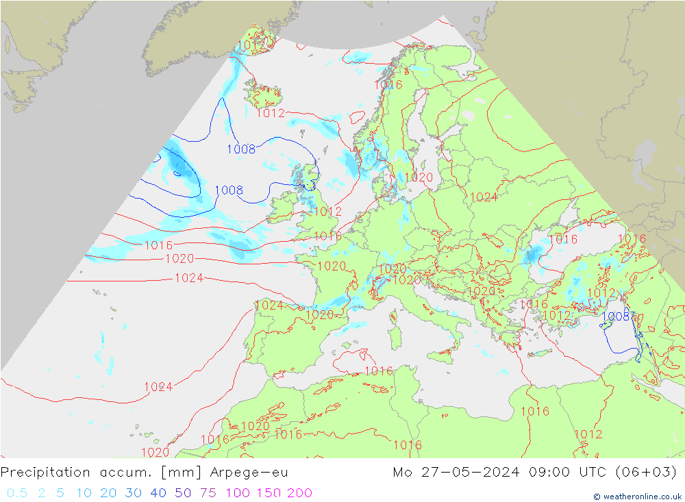 Totale neerslag Arpege-eu ma 27.05.2024 09 UTC