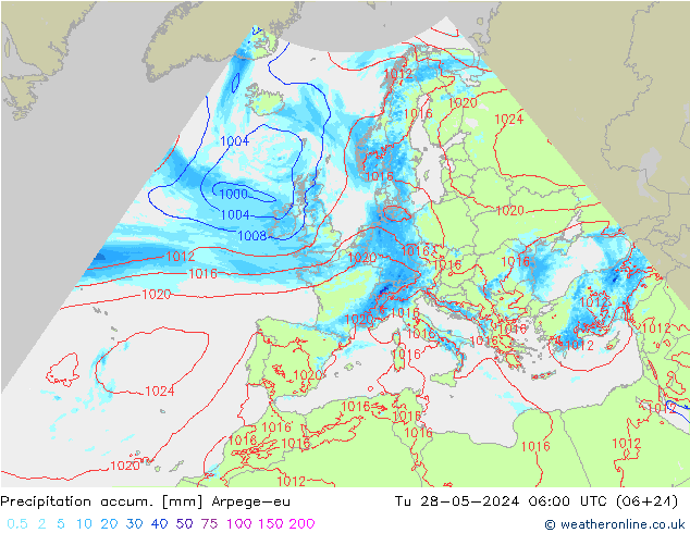 Precipitation accum. Arpege-eu Tu 28.05.2024 06 UTC