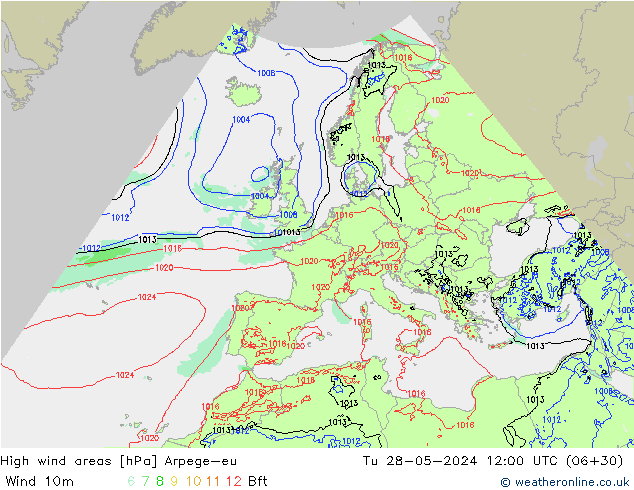 High wind areas Arpege-eu Tu 28.05.2024 12 UTC