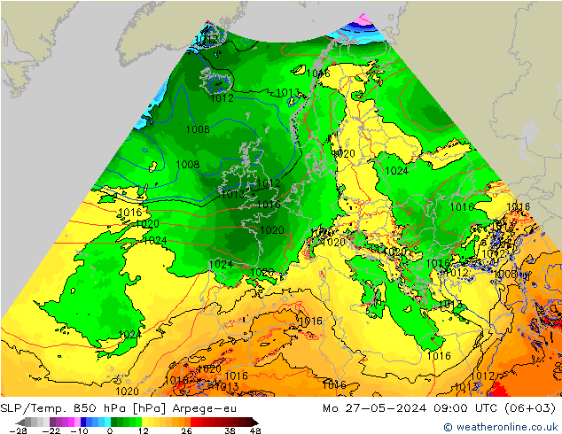 SLP/Temp. 850 hPa Arpege-eu 星期一 27.05.2024 09 UTC