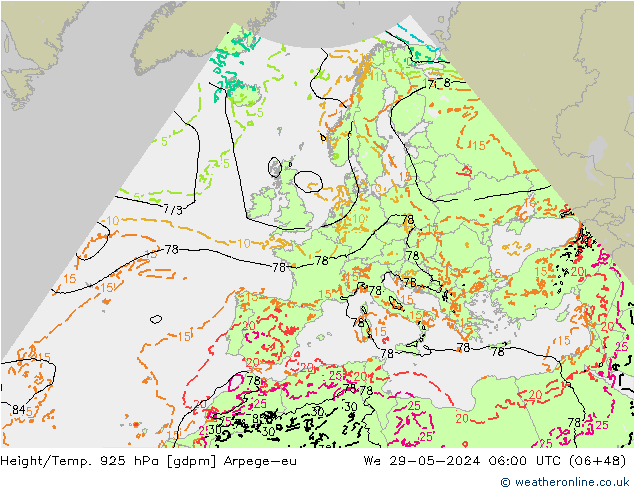 Height/Temp. 925 hPa Arpege-eu śro. 29.05.2024 06 UTC