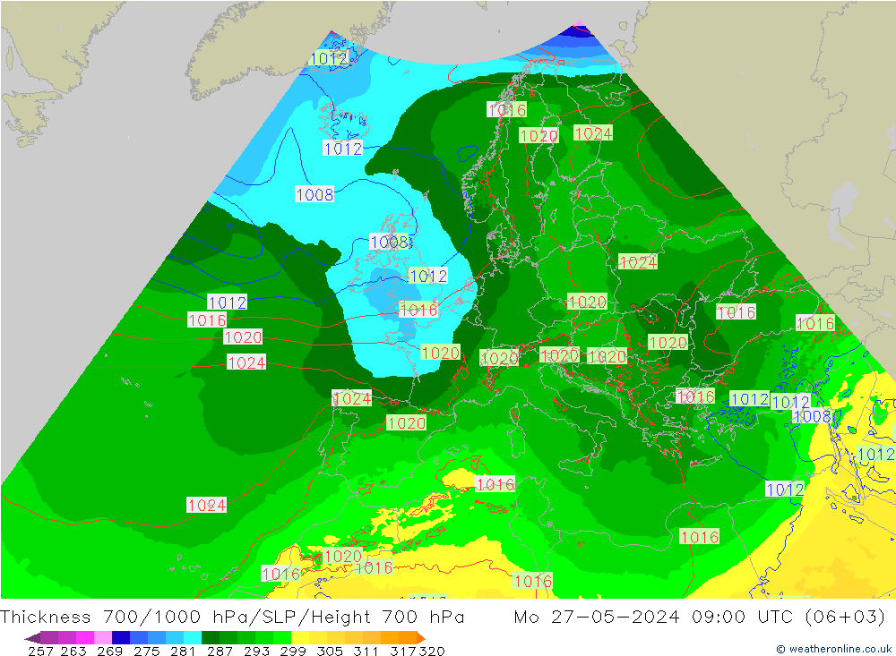 Thck 700-1000 hPa Arpege-eu 星期一 27.05.2024 09 UTC