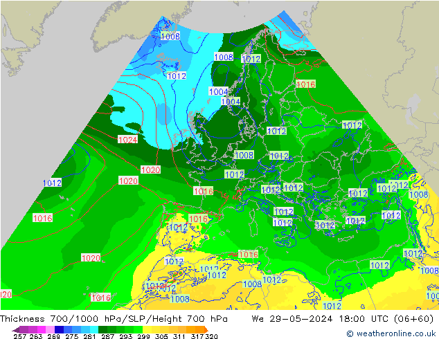 Thck 700-1000 hPa Arpege-eu śro. 29.05.2024 18 UTC