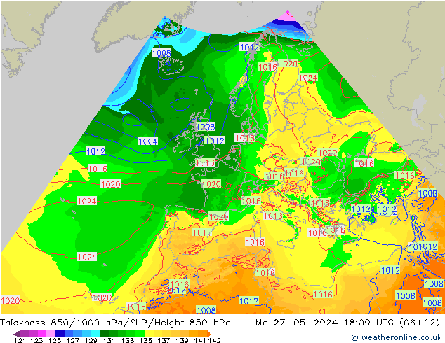 Schichtdicke 850-1000 hPa Arpege-eu Mo 27.05.2024 18 UTC