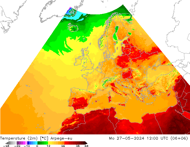 Temperatuurkaart (2m) Arpege-eu ma 27.05.2024 12 UTC