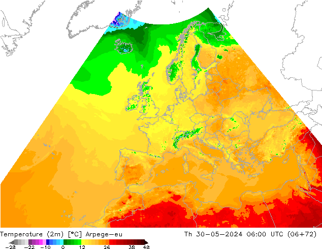 température (2m) Arpege-eu jeu 30.05.2024 06 UTC