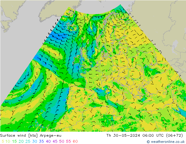 Surface wind Arpege-eu Čt 30.05.2024 06 UTC