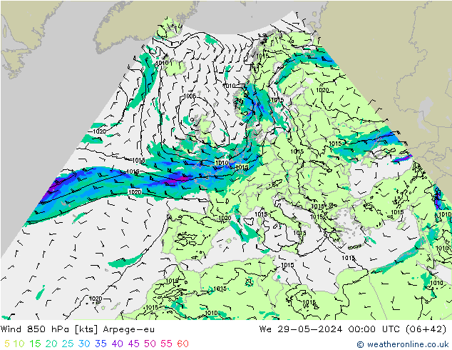 Wind 850 hPa Arpege-eu wo 29.05.2024 00 UTC