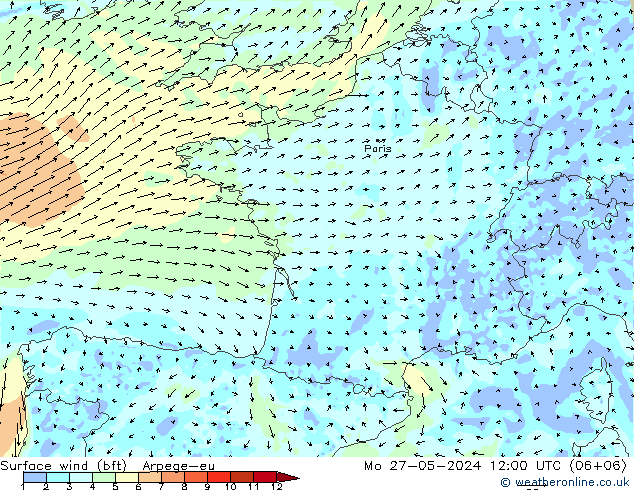 Surface wind (bft) Arpege-eu Mo 27.05.2024 12 UTC