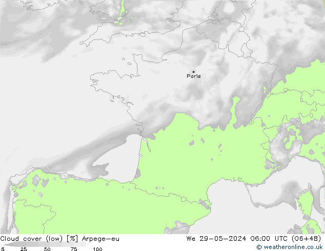 Cloud cover (low) Arpege-eu We 29.05.2024 06 UTC
