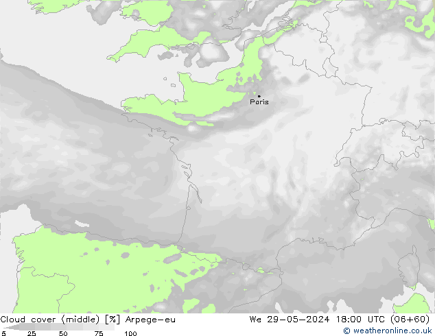 Cloud cover (middle) Arpege-eu We 29.05.2024 18 UTC