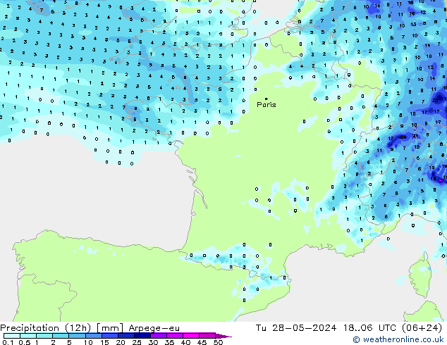 Precipitation (12h) Arpege-eu Út 28.05.2024 06 UTC