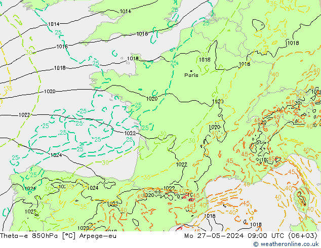 Theta-e 850hPa Arpege-eu Seg 27.05.2024 09 UTC