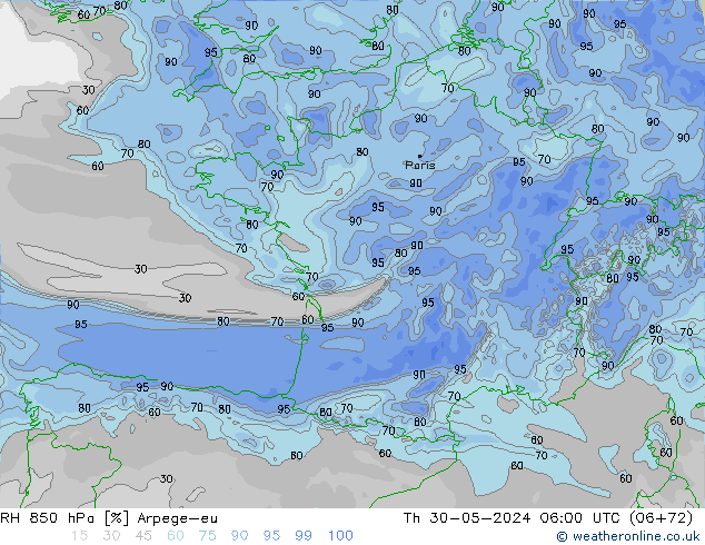 RH 850 hPa Arpege-eu gio 30.05.2024 06 UTC