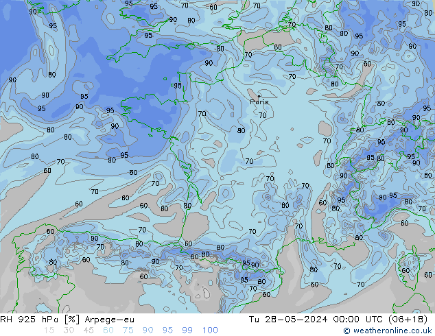 RH 925 hPa Arpege-eu Tu 28.05.2024 00 UTC