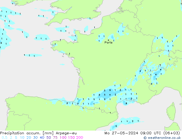 Precipitation accum. Arpege-eu  27.05.2024 09 UTC