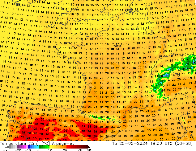 Temperature (2m) Arpege-eu Út 28.05.2024 18 UTC