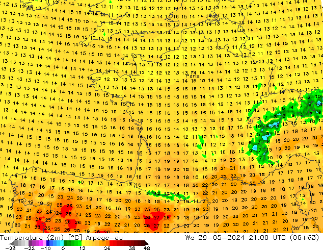 Temperature (2m) Arpege-eu We 29.05.2024 21 UTC