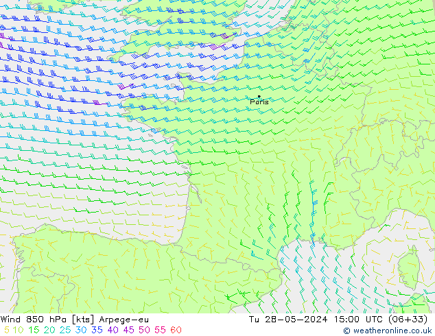 Wind 850 hPa Arpege-eu Út 28.05.2024 15 UTC