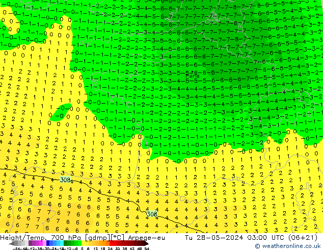 Geop./Temp. 700 hPa Arpege-eu mar 28.05.2024 03 UTC